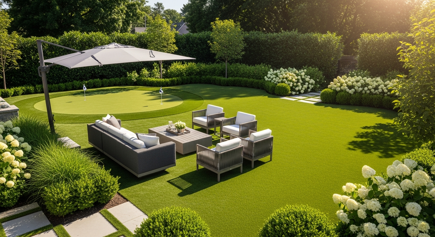 Beautiful synthetic turf backyard with outdoor furniture in Delaware